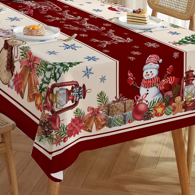 Christmas Snowman Pattern Rectangular Tablecloth | Farmhouse Style Stain-Resistant Christmas Table Decor