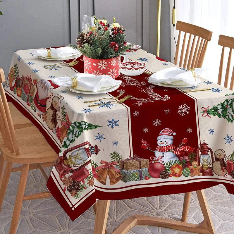 Christmas Snowman Pattern Rectangular Tablecloth | Farmhouse Style Stain-Resistant Christmas Table Decor