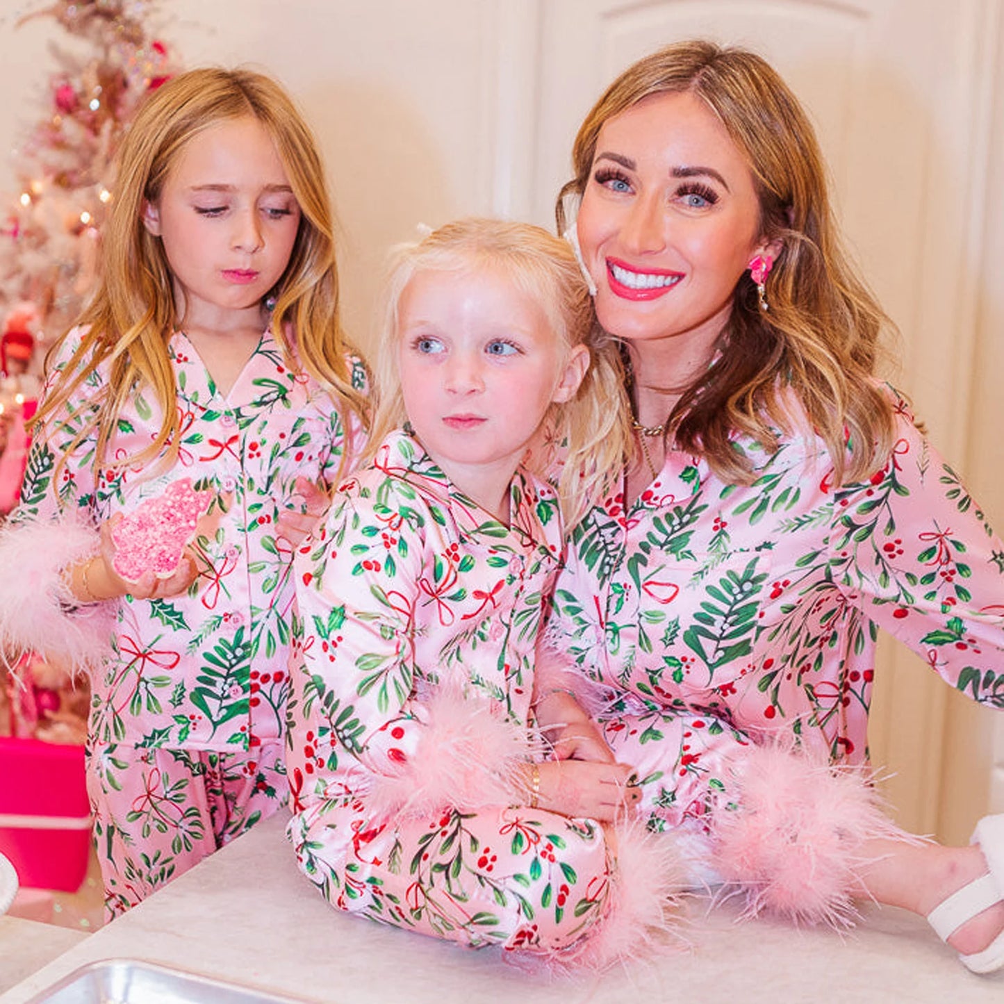 Mommy & Me Christmas Pajamas – Feather Trim Matching Set