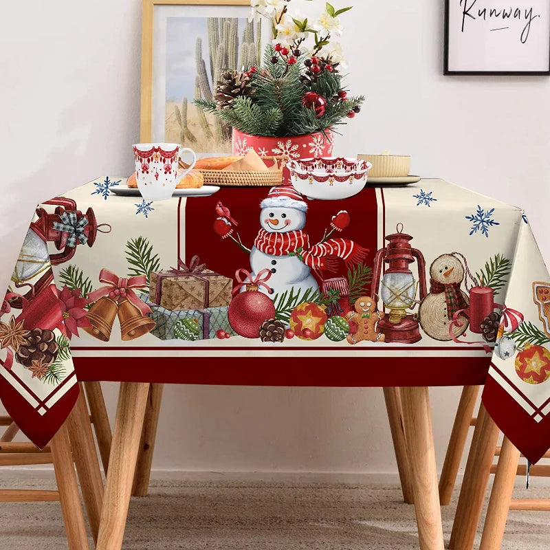 Christmas Snowman Pattern Rectangular Tablecloth | Farmhouse Style Stain-Resistant Christmas Table Decor