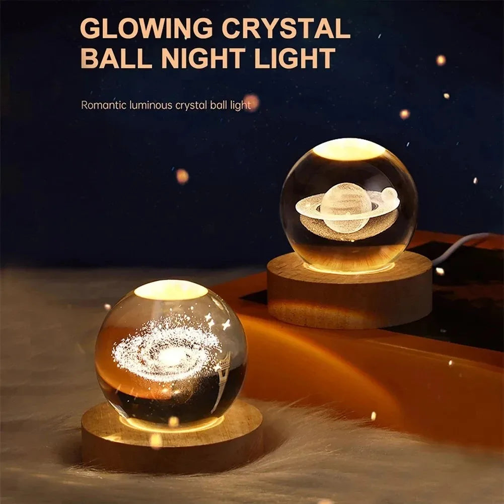 3D Crystal Ball Lamp – Galaxy & Planet Projections, USB Night Light